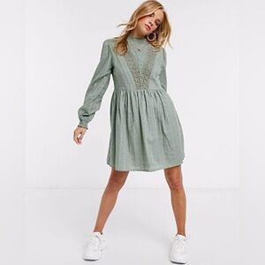 ASOS DESIGN High Neck Mini Smock Dress With Lace Inserts in Khaki Green US 4